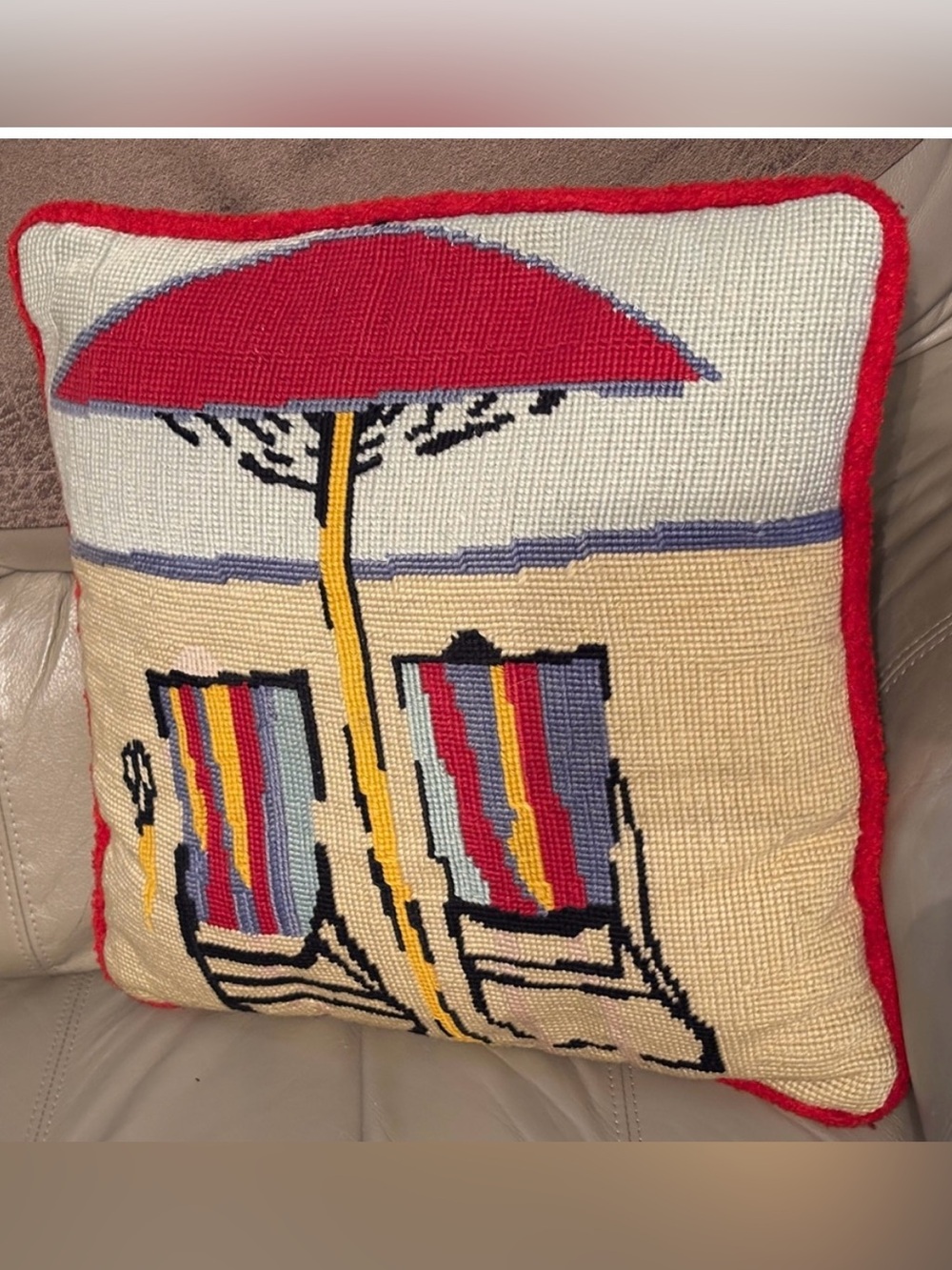 VTG Handmade Needlepoint Beach Scene Pillow 2 Chairs Umbrella Coastal